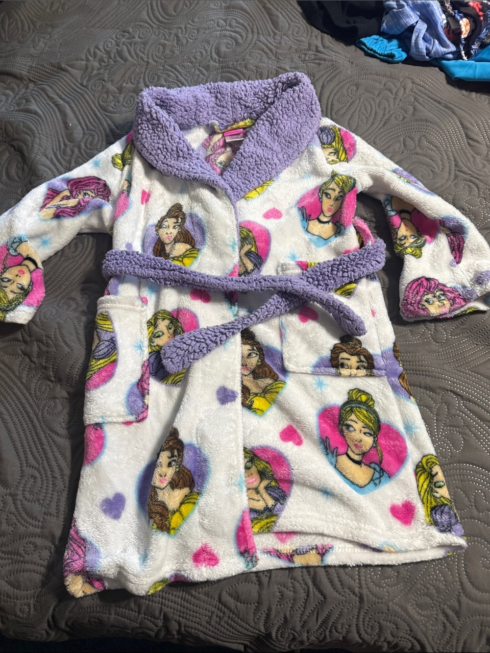 Disney Plush Girls White Princess Heart Robe with Purple Trim